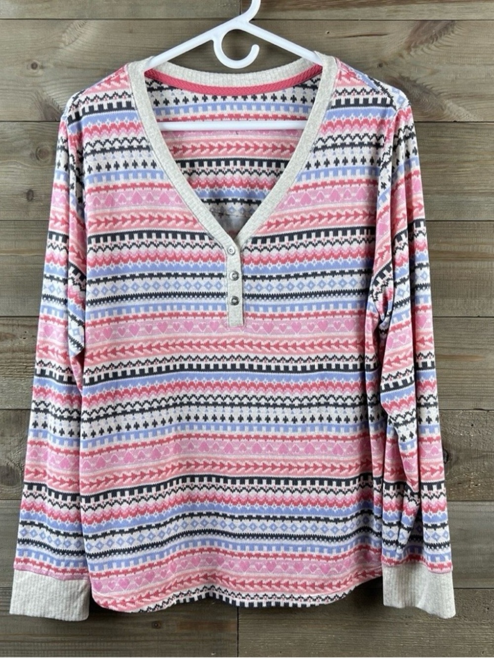 Women's Pink Patterned Henley Long Sleeve Tee With Button Placket Super Soft